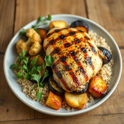 A healthy and delicious upside-down chicken dish featuring grilled chicken, roasted eggplant, roasted cauliflower, roasted potatoes, and coarse bulgur