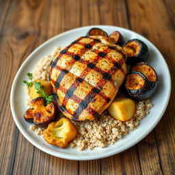 A healthy and delicious upside-down chicken dish featuring grilled chicken, roasted eggplant, roasted cauliflower, roasted potatoes, and coarse bulgur