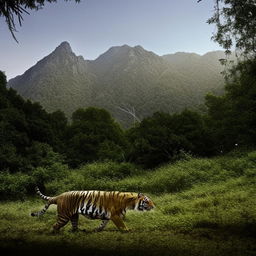 A dynamic and vibrant scene of a tiger ardently pursuing a rabbit in a lush forest, with majestic mountains looming under a clear sky in the background.