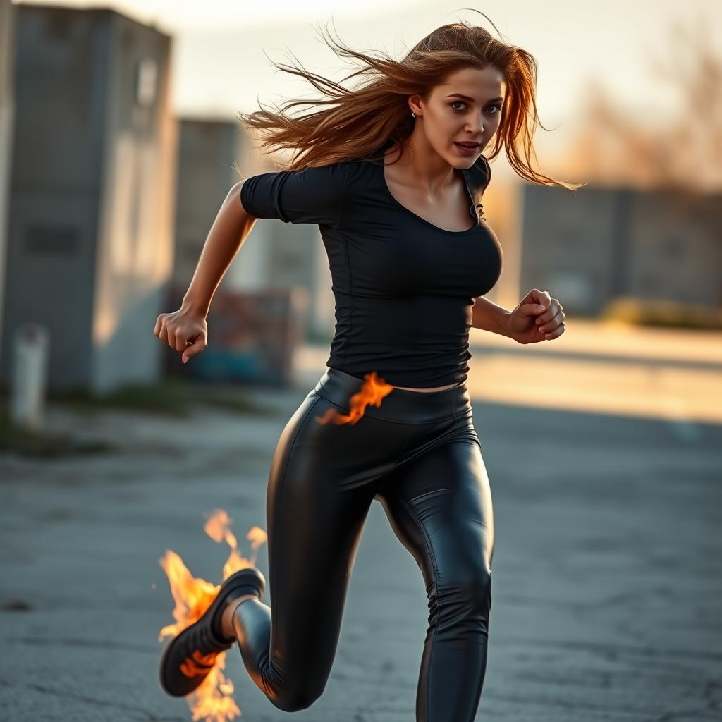 A dynamic action shot of a young woman in sleek leather leggings, running energetically with a look of surprise and urgency on her face