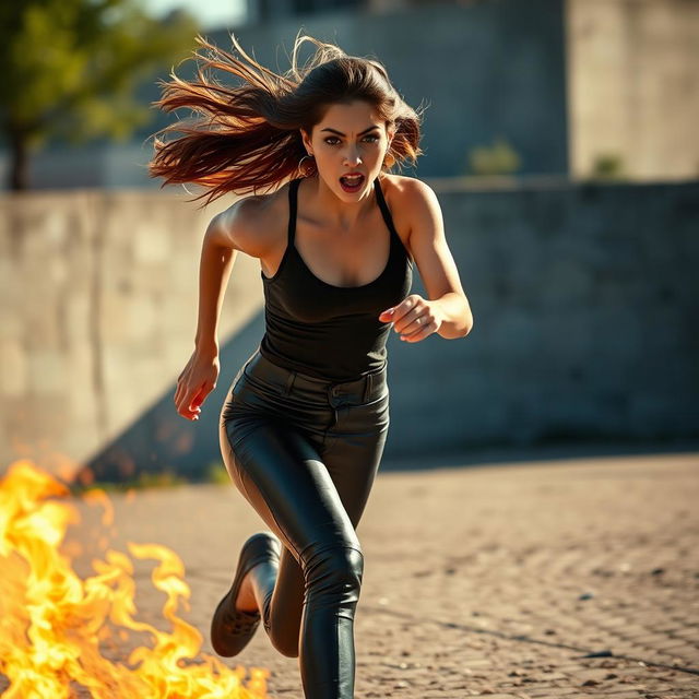 A dynamic action shot of a young woman in sleek leather leggings, running energetically with a look of surprise and urgency on her face