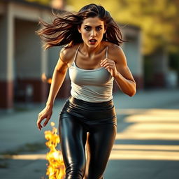 A dynamic action shot of a young woman in sleek leather leggings, running energetically with a look of surprise and urgency on her face
