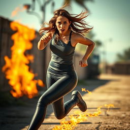 A dynamic action shot of a young woman in sleek leather leggings, running energetically with a look of surprise and urgency on her face