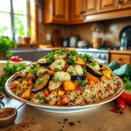 A cozy kitchen setting featuring a freshly prepared dish of Maqluba made with chicken and bulgur instead of rice
