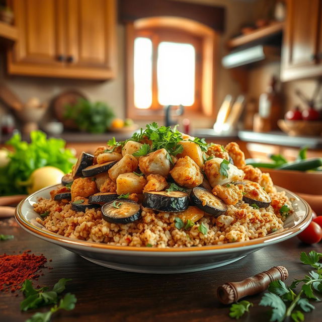 A cozy kitchen setting featuring a freshly prepared dish of Maqluba made with chicken and bulgur instead of rice