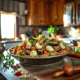 A cozy kitchen setting featuring a freshly prepared dish of Maqluba made with chicken and bulgur instead of rice