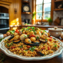 A cozy kitchen setting featuring a freshly prepared dish of Maqluba made with chicken and bulgur instead of rice