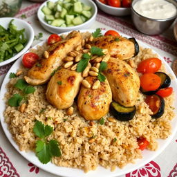 A beautifully arranged plate of Makloubeh, featuring succulent chicken pieces layered with bulgur instead of rice
