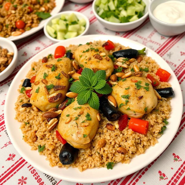 A beautifully arranged plate of Makloubeh, featuring succulent chicken pieces layered with bulgur instead of rice