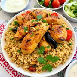 A beautifully arranged plate of Makloubeh, featuring succulent chicken pieces layered with bulgur instead of rice