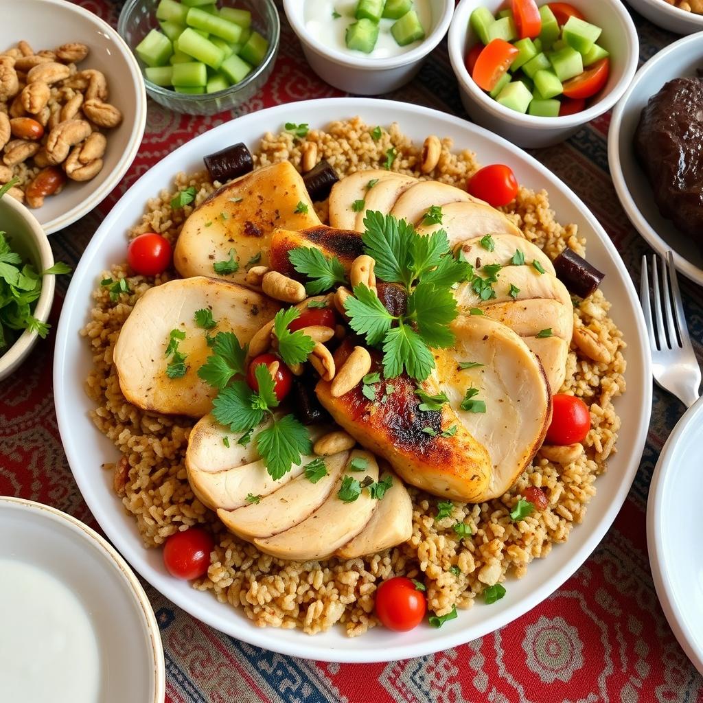 A beautifully arranged plate of Makloubeh, featuring succulent chicken pieces layered with bulgur instead of rice