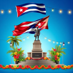 A vibrant and festive Cuban scene set against a beautiful gradient blue background, prominently featuring the Cuban flag waving gently