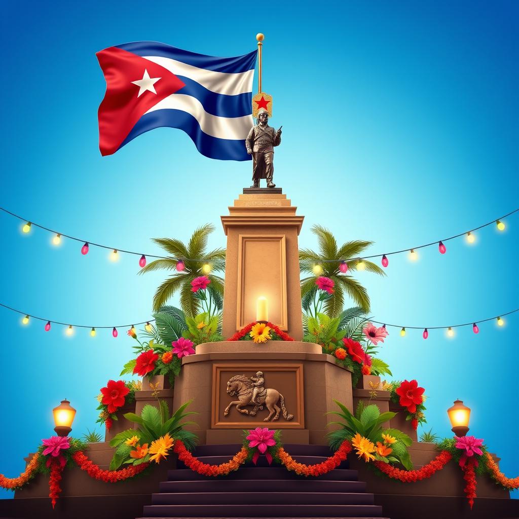 A vibrant and festive Cuban scene set against a beautiful gradient blue background, prominently featuring the Cuban flag waving gently