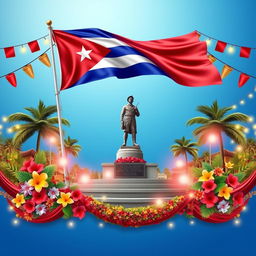 A vibrant and festive Cuban scene set against a beautiful gradient blue background, prominently featuring the Cuban flag waving gently