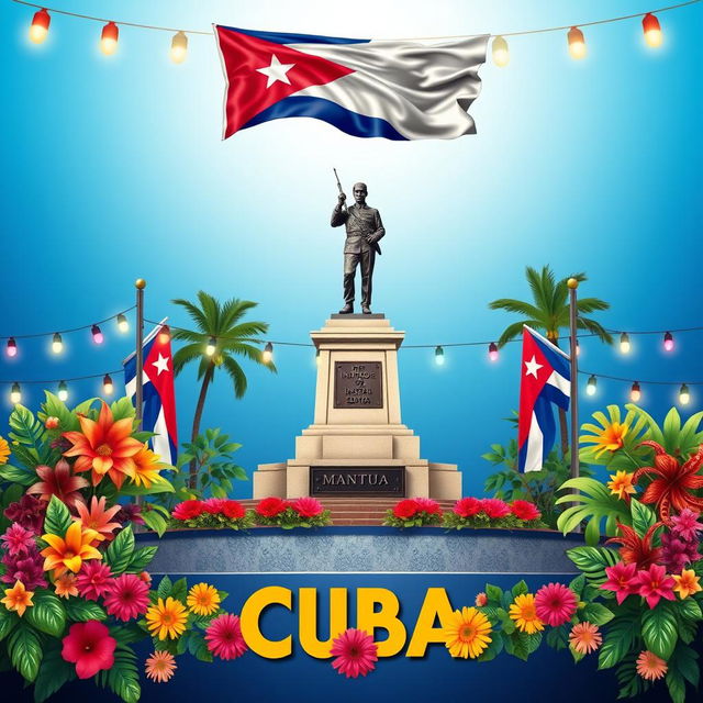 A vibrant and festive Cuban scene set against a beautiful gradient blue background, prominently featuring the Cuban flag waving gently