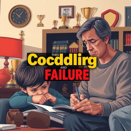 A realistic depiction of a concerned parent observing their child struggling with homework, set in a cozy yet cluttered living room filled with trophies and awards that symbolize overprotection