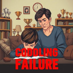 A realistic depiction of a concerned parent observing their child struggling with homework, set in a cozy yet cluttered living room filled with trophies and awards that symbolize overprotection