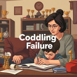 A realistic depiction of a concerned parent observing their child struggling with homework, set in a cozy yet cluttered living room filled with trophies and awards that symbolize overprotection