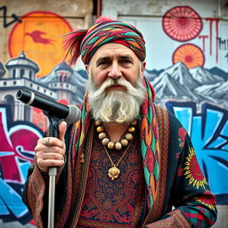 An old male rapper from Kurdistan, dressed in traditional Kurdish clothing, including a colorful 'shar' and a 'kefiyeh' headscarf