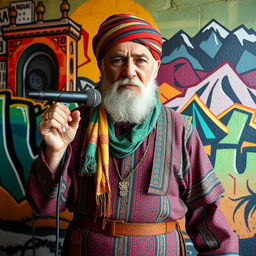 An old male rapper from Kurdistan, dressed in traditional Kurdish clothing, including a colorful 'shar' and a 'kefiyeh' headscarf