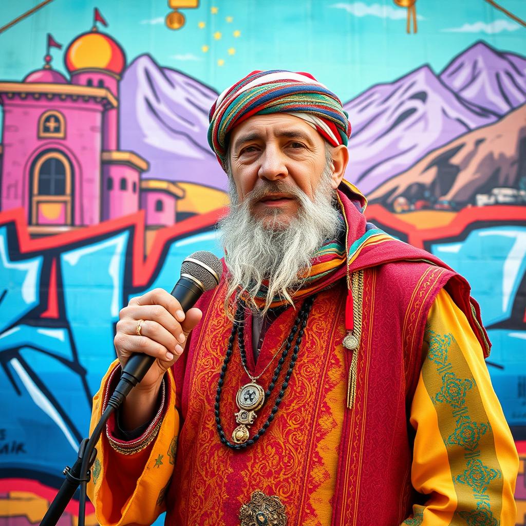 An old male rapper from Kurdistan, dressed in traditional Kurdish clothing, including a colorful 'shar' and a 'kefiyeh' headscarf