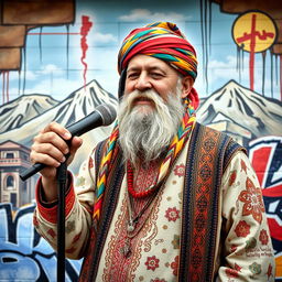 An old male rapper from Kurdistan, dressed in traditional Kurdish clothing, including a colorful 'shar' and a 'kefiyeh' headscarf