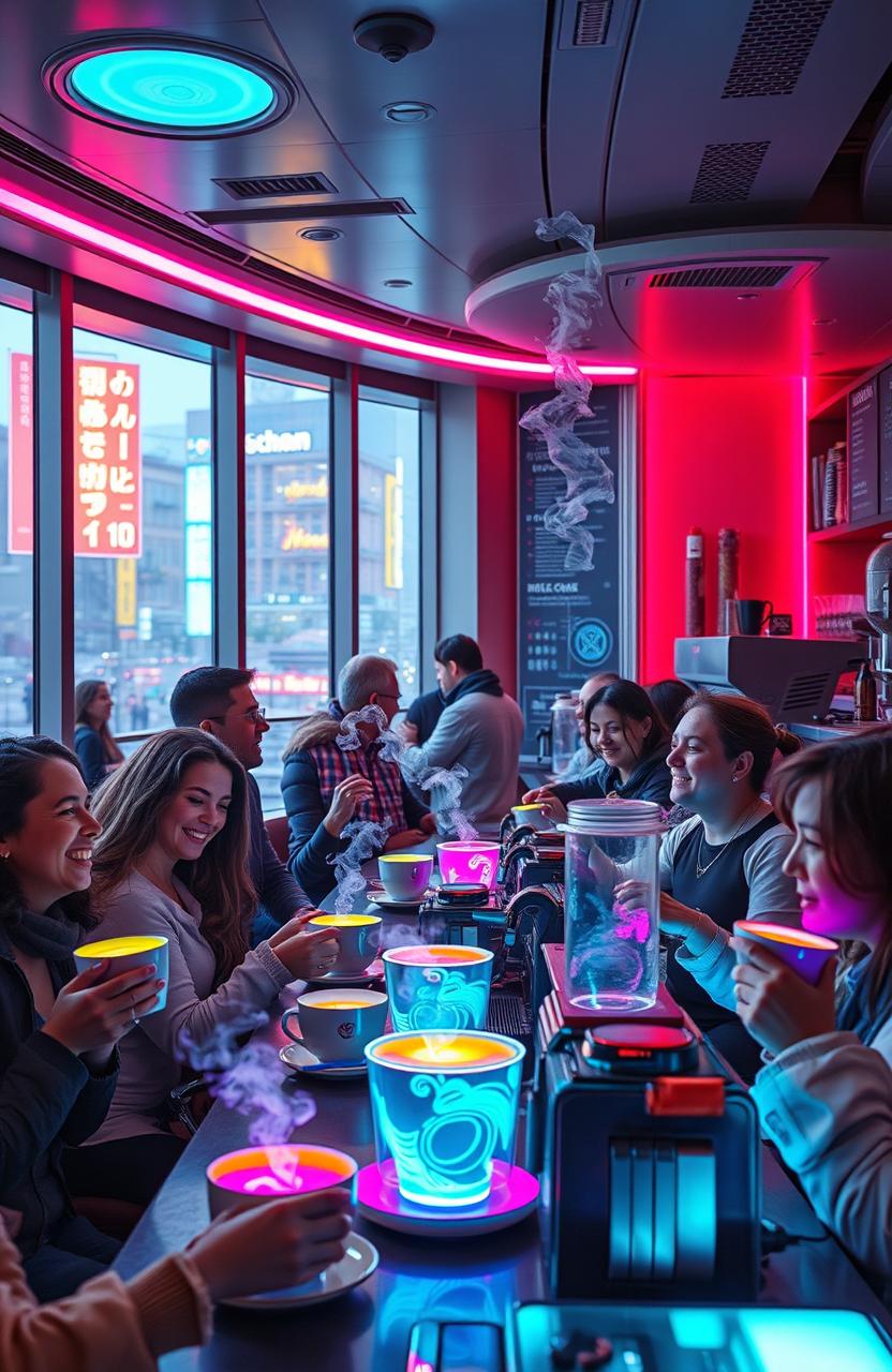 A futuristic coffee shop with a vibrant atmosphere, filled with people enjoying uniquely strange and colorful cups of coffee that emit whimsical steam and glowing patterns