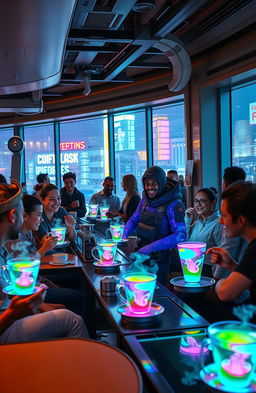 A futuristic coffee shop with a vibrant atmosphere, filled with people enjoying uniquely strange and colorful cups of coffee that emit whimsical steam and glowing patterns