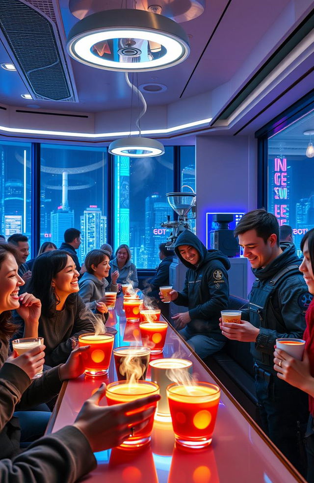 A futuristic coffee shop with a vibrant atmosphere, filled with people enjoying uniquely strange and colorful cups of coffee that emit whimsical steam and glowing patterns