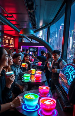 A futuristic coffee shop with a vibrant atmosphere, filled with people enjoying uniquely strange and colorful cups of coffee that emit whimsical steam and glowing patterns