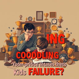 A realistic depiction of a concerned parent watching their child struggle with homework, surrounded by a clutter of trophies and awards that symbolize overprotection