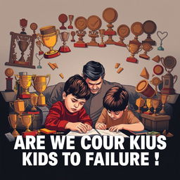 A realistic depiction of a concerned parent watching their child struggle with homework, surrounded by a clutter of trophies and awards that symbolize overprotection