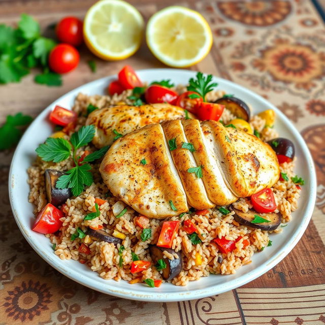 A delicious and healthy 'Maqluba' dish featuring tender, golden-brown chicken layered with vibrant, colorful vegetables like eggplant, tomatoes, and bell peppers