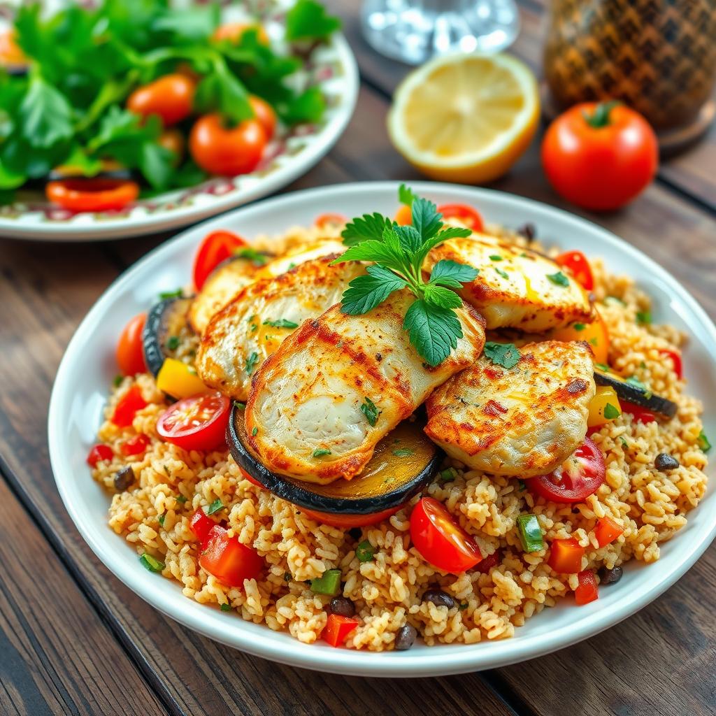 A delicious and healthy 'Maqluba' dish featuring tender, golden-brown chicken layered with vibrant, colorful vegetables like eggplant, tomatoes, and bell peppers