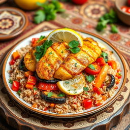 A delicious and healthy 'Maqluba' dish featuring tender, golden-brown chicken layered with vibrant, colorful vegetables like eggplant, tomatoes, and bell peppers