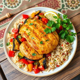 A delicious and healthy 'Maqluba' dish featuring tender, golden-brown chicken layered with vibrant, colorful vegetables like eggplant, tomatoes, and bell peppers