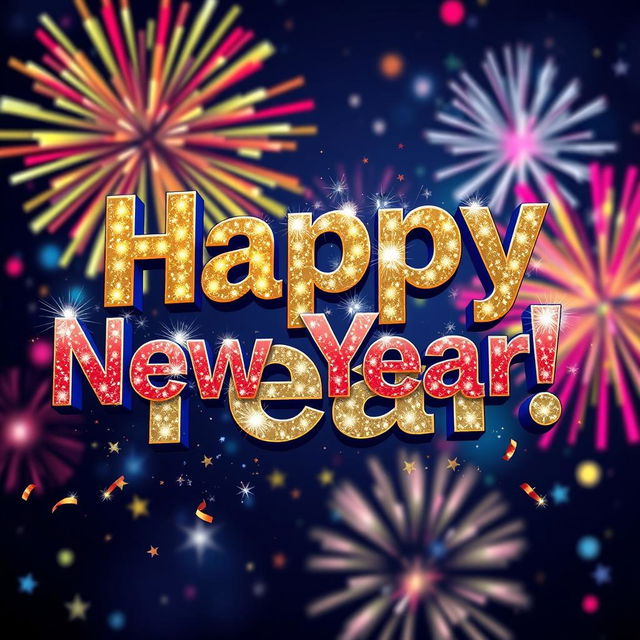 A celebratory PNG image featuring the text 'Happy New Year!' designed in a festive style