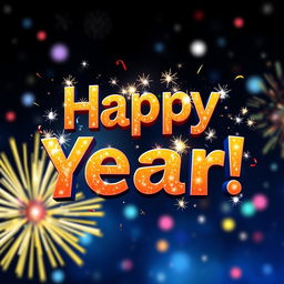 A celebratory PNG image featuring the text 'Happy New Year!' designed in a festive style