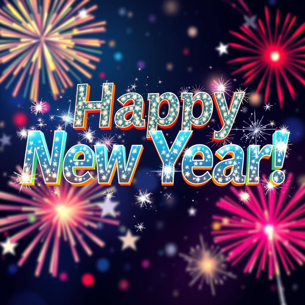 A celebratory PNG image featuring the text 'Happy New Year!' designed in a festive style