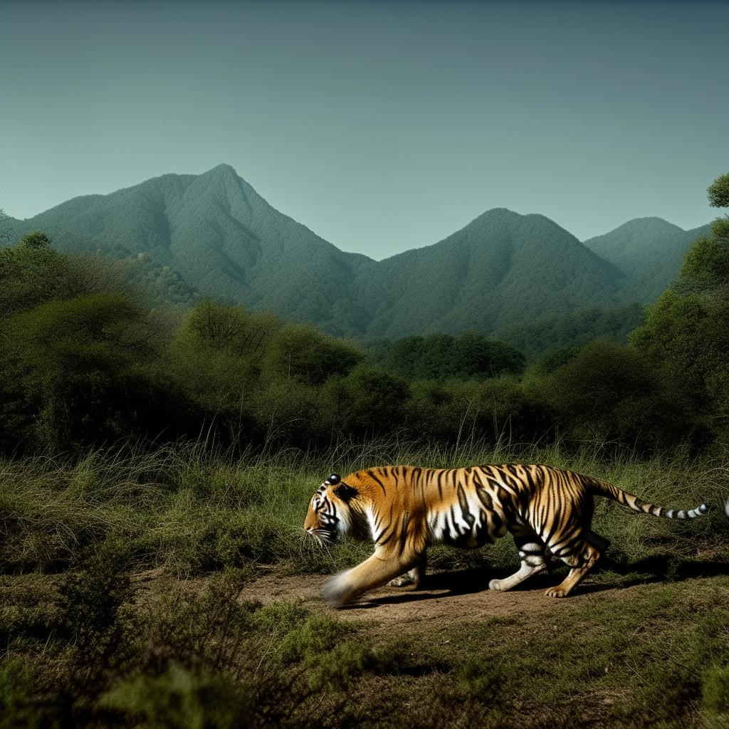 A dynamic and vibrant scene of a tiger ardently pursuing a rabbit in a lush forest, with majestic mountains looming under a clear sky in the background.