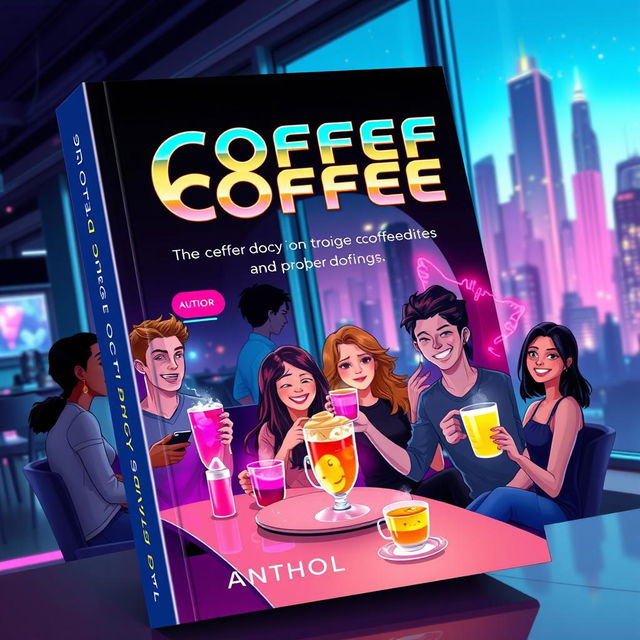 A captivating book cover design featuring a futuristic coffee shop, with a whimsical and colorful illustration of people enjoying strange and vibrant cups of coffee