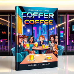 A captivating book cover design featuring a futuristic coffee shop, with a whimsical and colorful illustration of people enjoying strange and vibrant cups of coffee