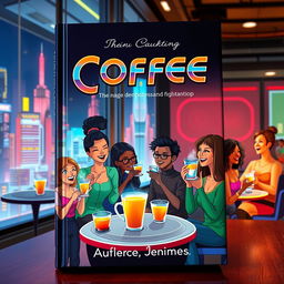 A captivating book cover design featuring a futuristic coffee shop, with a whimsical and colorful illustration of people enjoying strange and vibrant cups of coffee