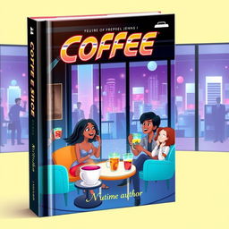 A captivating book cover design featuring a futuristic coffee shop, with a whimsical and colorful illustration of people enjoying strange and vibrant cups of coffee