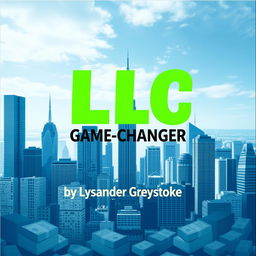 A flat book cover design featuring a realistic cityscape with towering skyscrapers symbolizing business success and growth