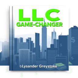 A flat book cover design featuring a realistic cityscape with skyscrapers in the background, symbolizing business success and growth