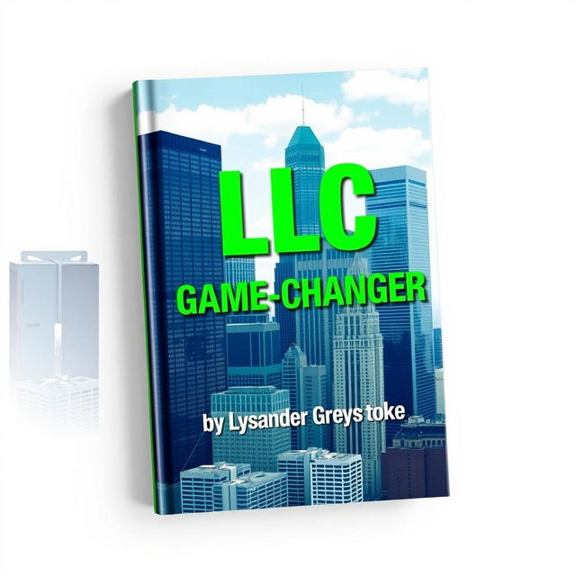 A flat book cover design featuring a realistic cityscape with skyscrapers in the background, symbolizing business success and growth