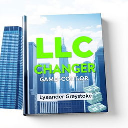 A flat book cover design featuring a realistic cityscape with skyscrapers in the background, symbolizing business success and growth