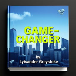 A flat book cover design featuring a realistic cityscape with skyscrapers in the background, symbolizing business success and growth