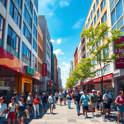 A realistic depiction of a vibrant and bustling city street, featuring modern architecture, colorful storefronts, and a diverse group of pedestrians